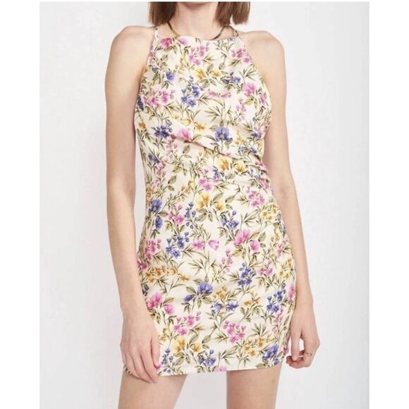 En Saison Valeria Halter Strappy Ruched Floral Cotton Mini Dress Medium MM4580 - Picture 3 of 5